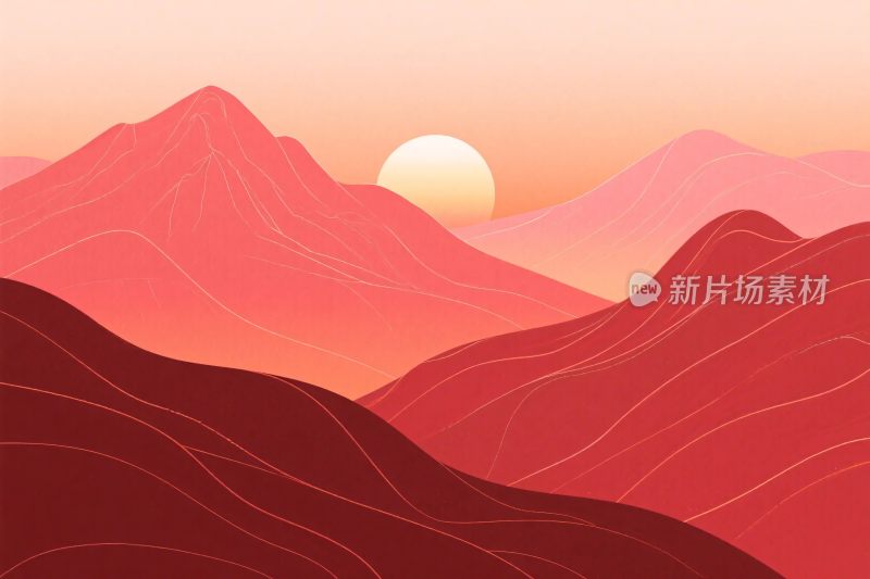 山峦夕阳风景插画