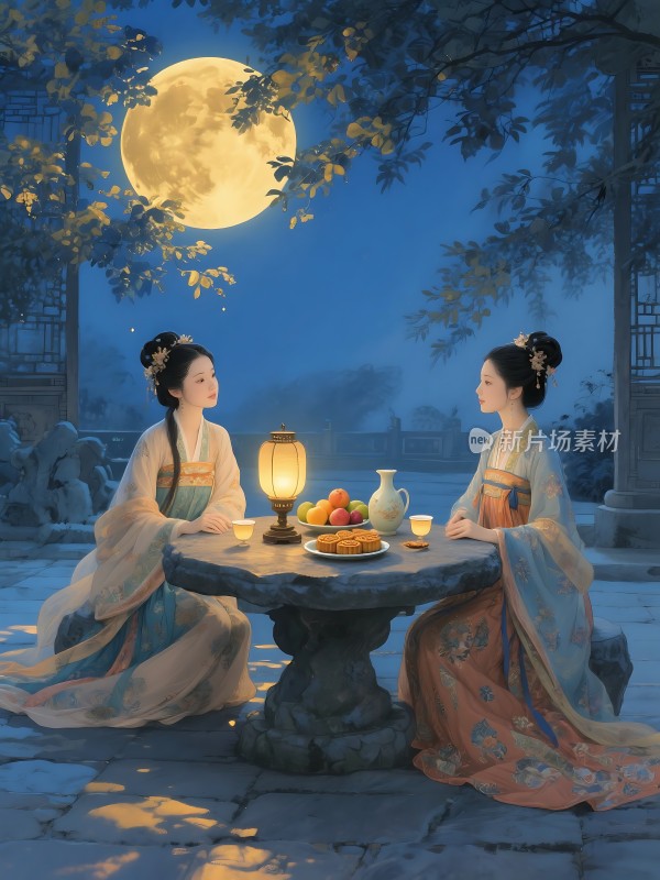 汉服佳人月下品茗论古今