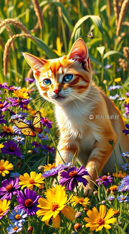 阳光下的橘猫与蝴蝶花海