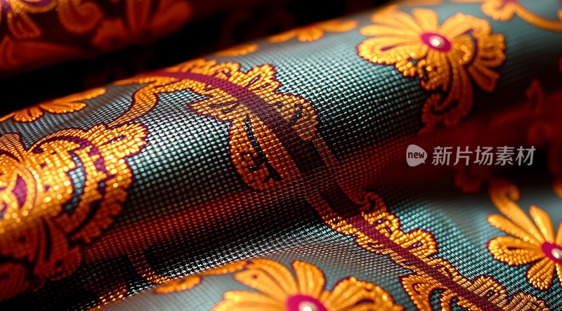金色花纹织锦面料特写
