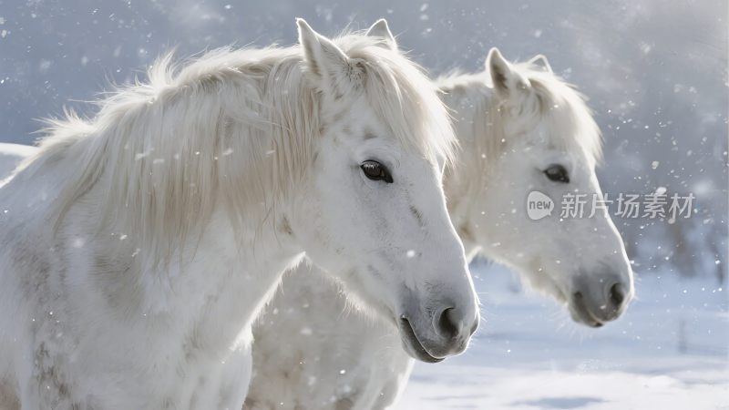 雪地中的两匹白色骏马