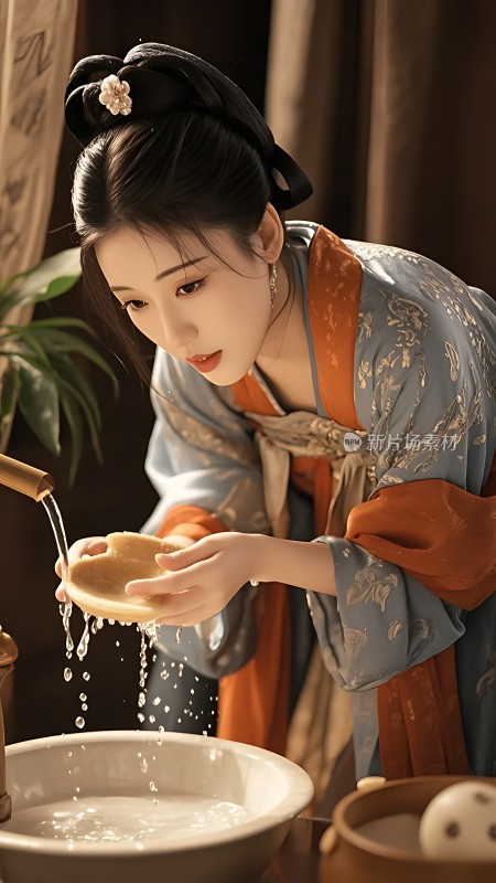 汉服佳人水边浣手