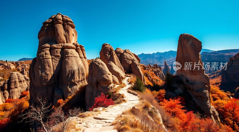 秋日山间小径奇石林立色彩斑斓