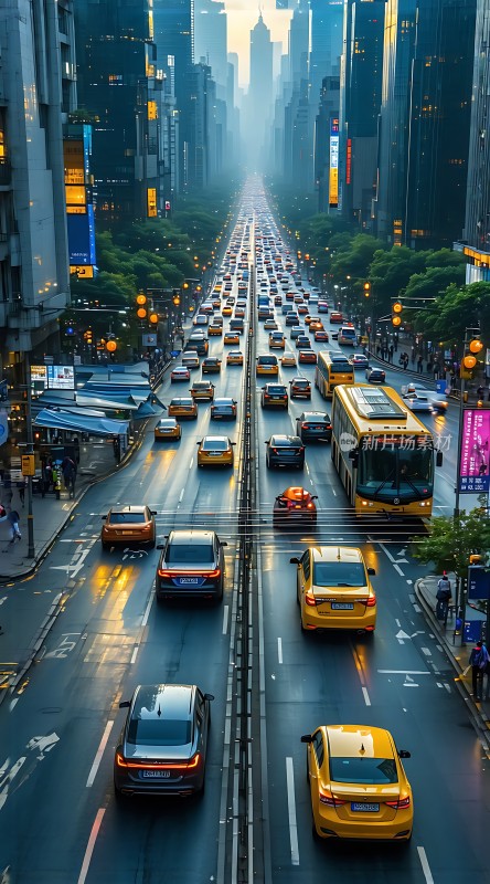 繁华都市街道车水马龙高楼林立
