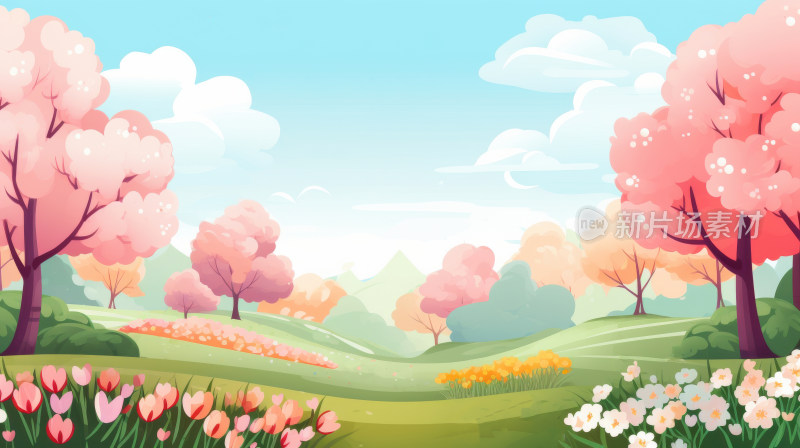 春日春天田园风光自然风景卡通插画