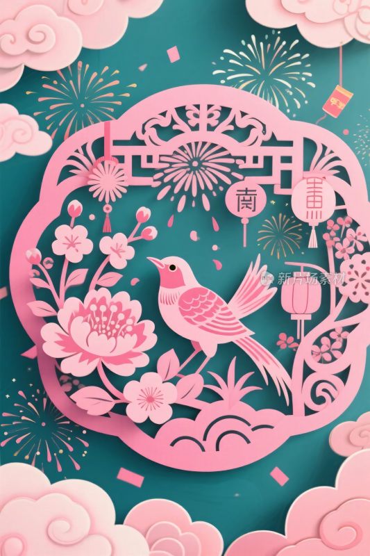 剪纸风格花鸟插画