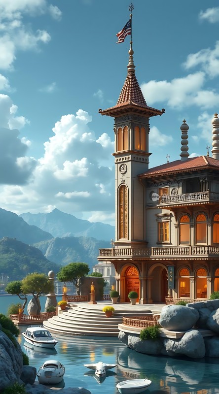 湖畔古堡映斜阳