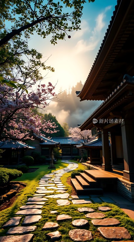 晨曦下的古院樱花路