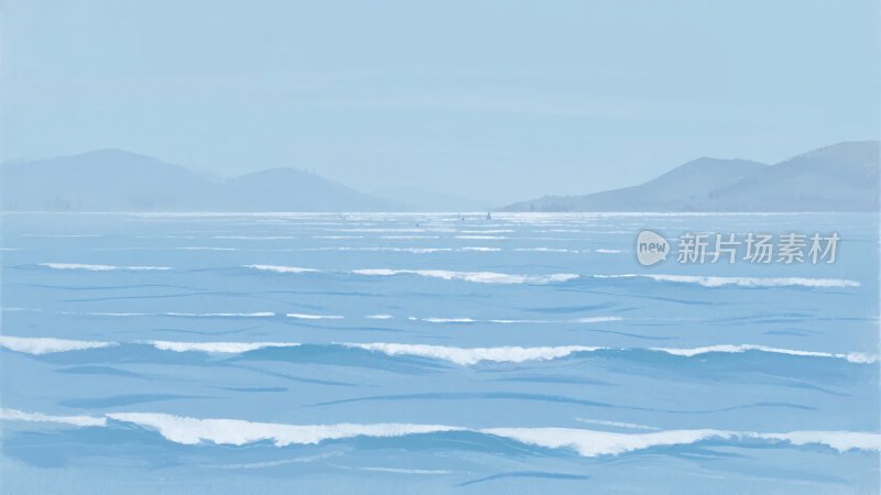 蓝色海洋与远山风景插画