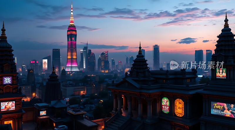 现代与传统的城市夜景