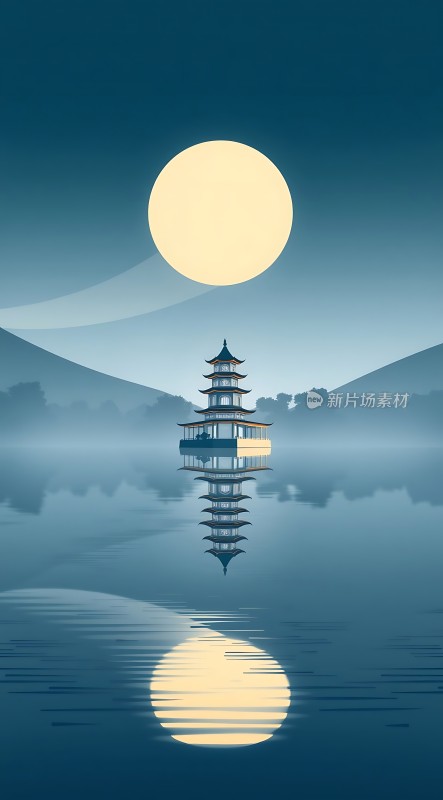 湖畔古塔映月影