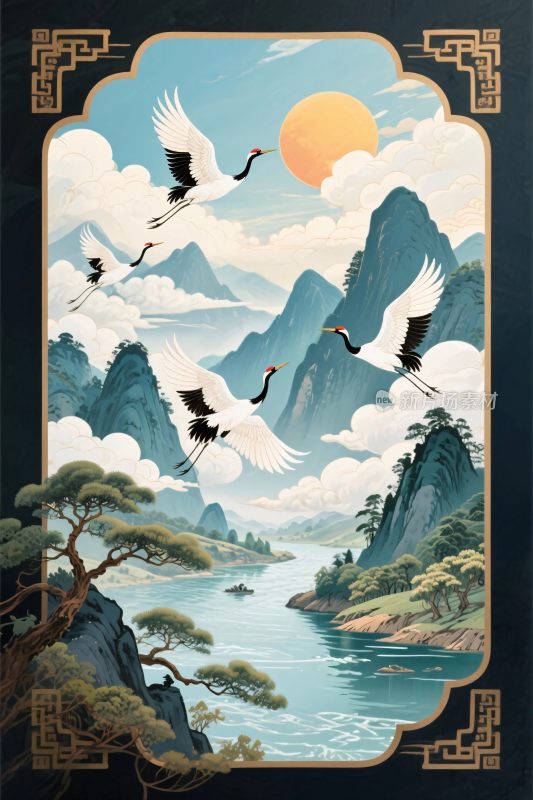 传统山水飞鹤插画
