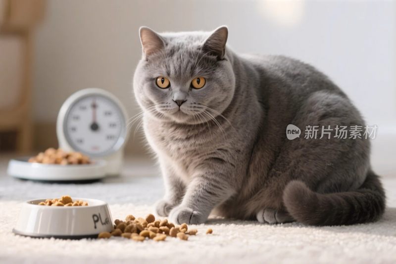 灰色猫咪与猫粮场景