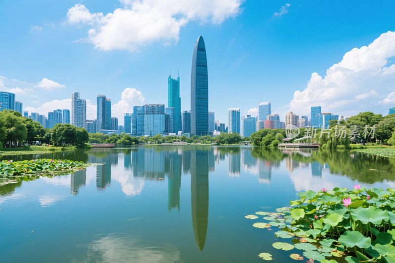 城市湖景与高楼风光