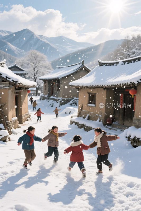 雪天孩童嬉戏乡村场景