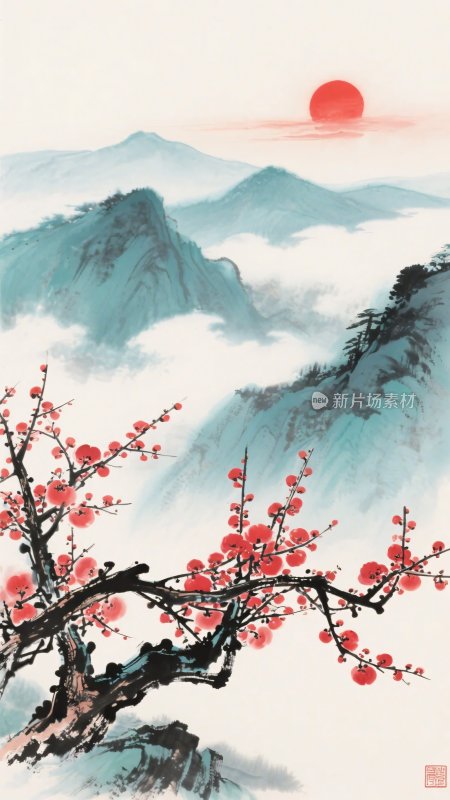 红梅映日山水国画