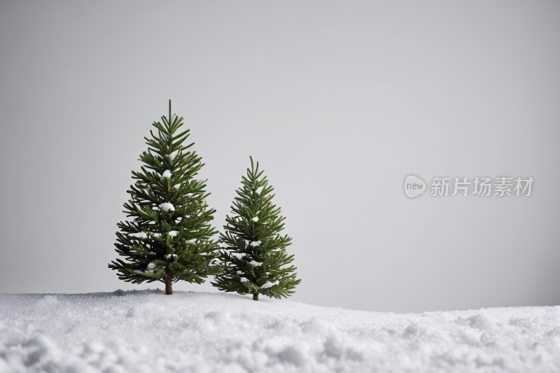 有两棵小树矗立在雪地里高清图片