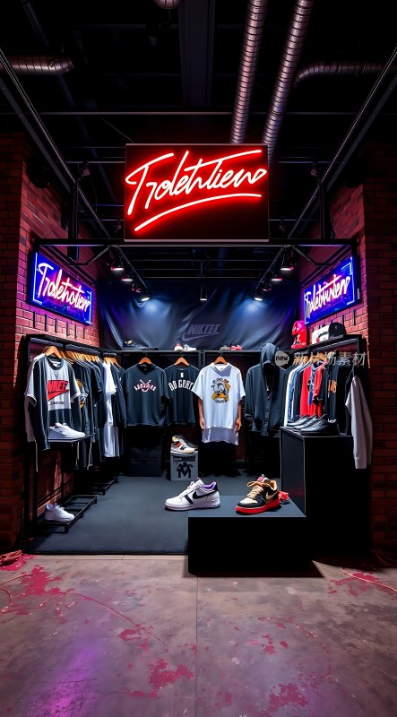 潮流服饰店霓虹灯招牌运动鞋和T恤展示