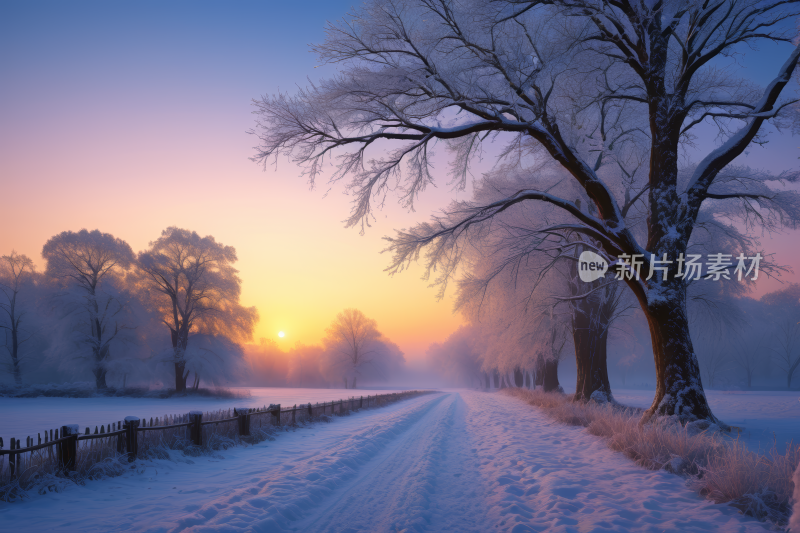 日落时分雪路的前景是树木和栅栏高清图片