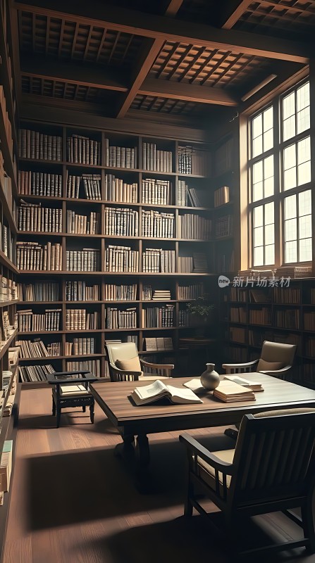 古色古香的书房阳光洒落书架高耸桌椅静默