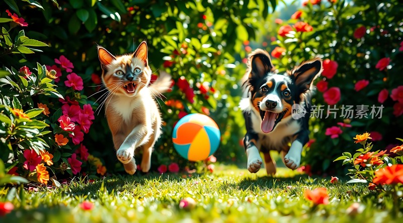 猫狗追逐彩色球花丛中奔跑
