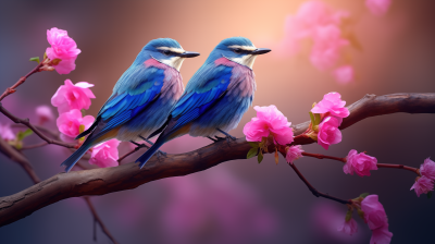 樱花树上的蓝色小鸟相望