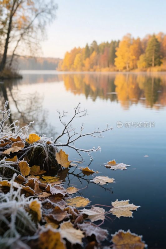 秋日湖畔落叶美景