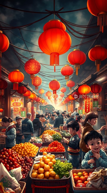 春节庙会热闹非凡红灯笼高挂果蔬琳琅满目人群熙攘