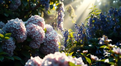 阳光下的粉色绣球花与蓝紫色风铃草