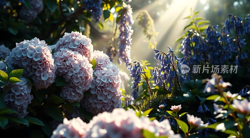 阳光下的粉色绣球花与蓝紫色风铃草