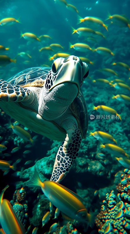 海龟与鱼群共舞水下世界