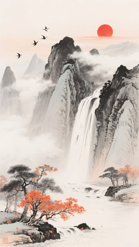 中式山水瀑布红日风景图