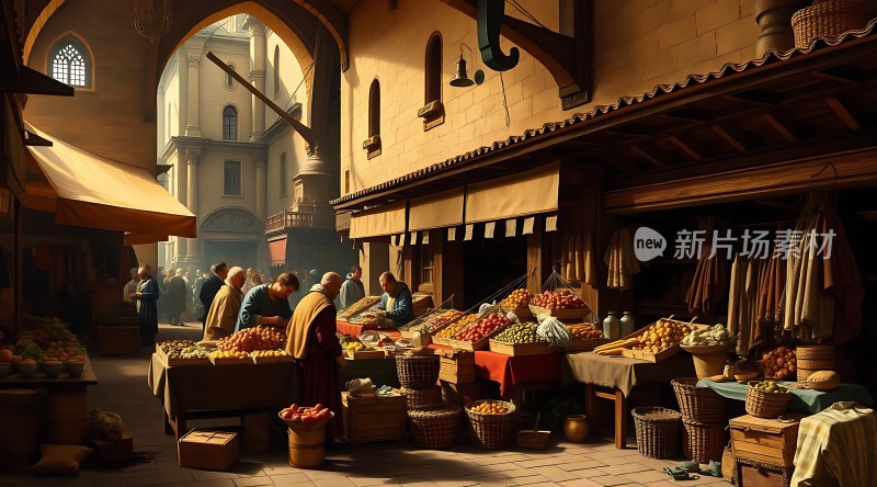 阳光下的古老集市色彩丰富的蔬果摊位熙熙攘攘的人群