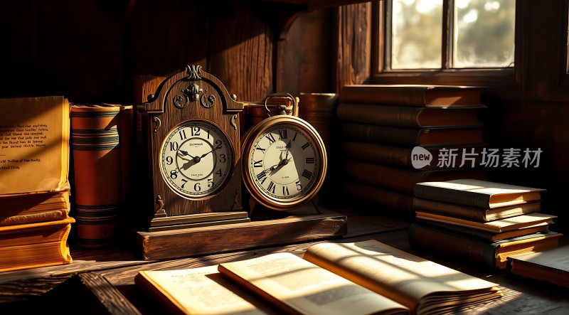 阳光下的古老时钟与书籍