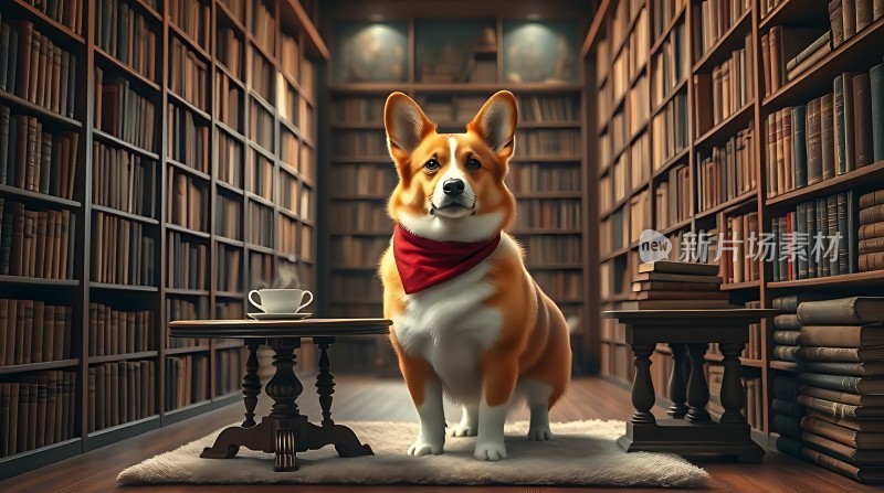 图书馆里的柯基犬