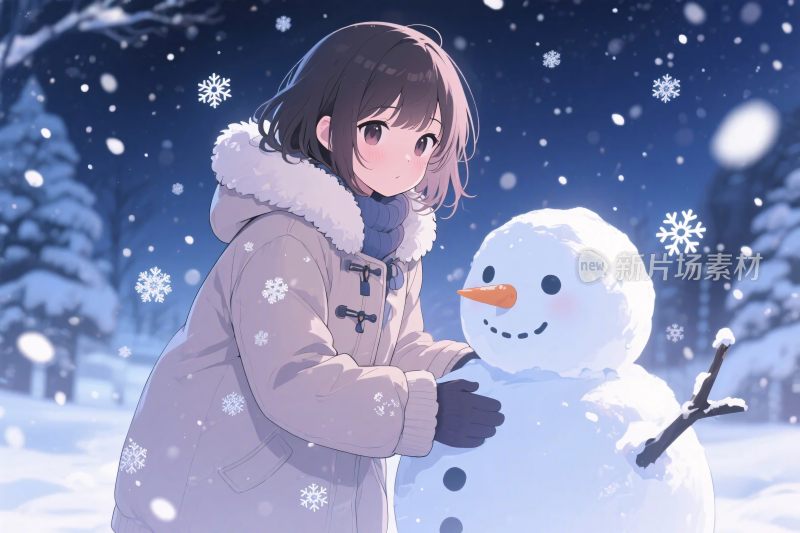 女孩堆雪人冬日插画