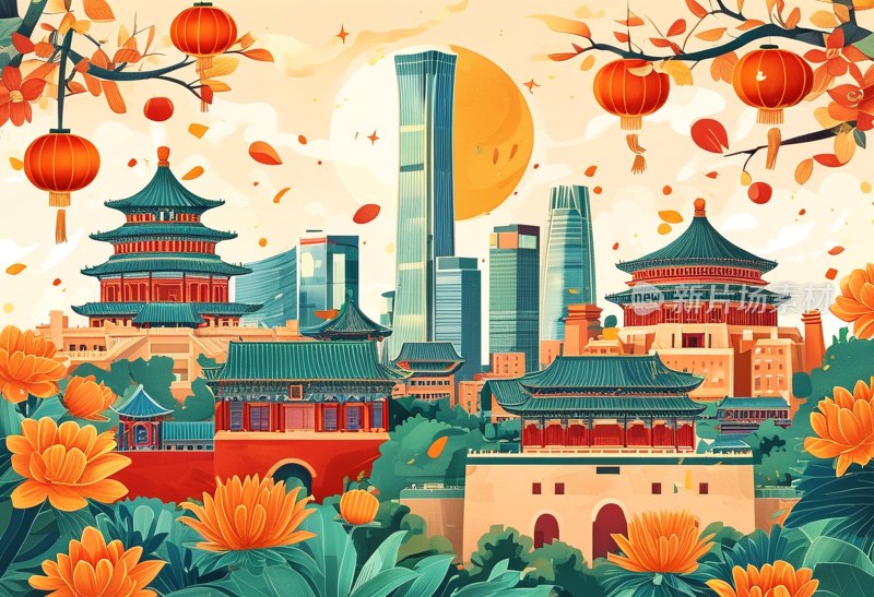 中秋国庆古建插画