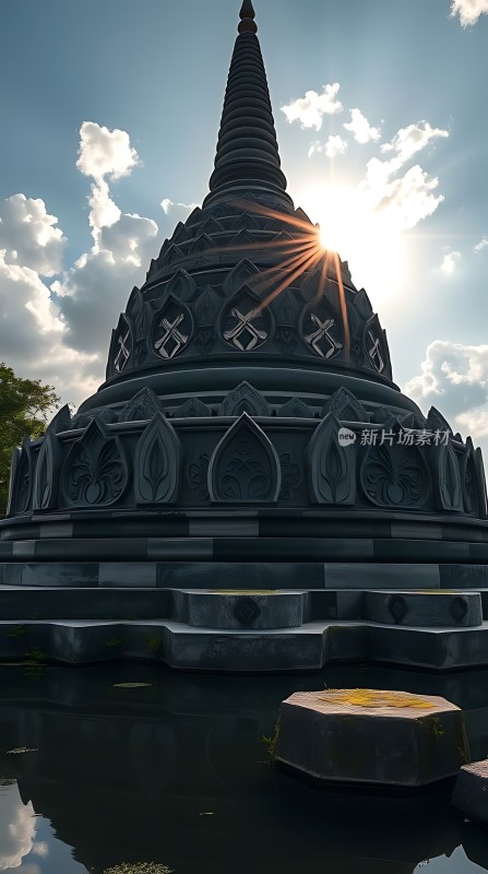 佛塔晨曦映水波