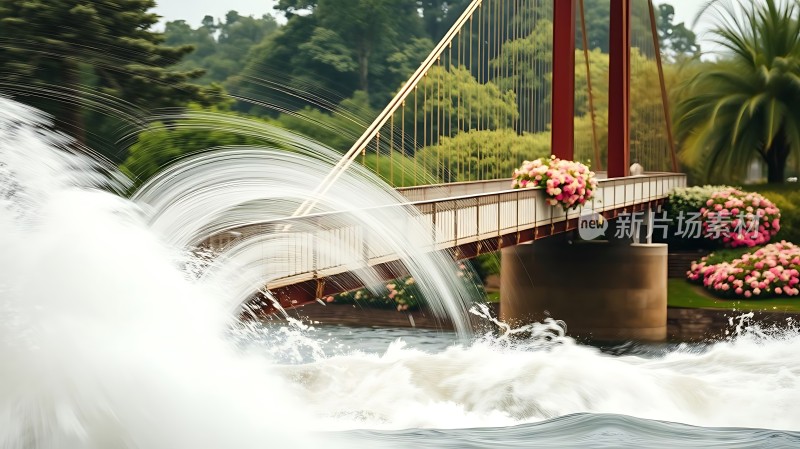桥下激流奔腾花团锦簇映衬下的壮丽景象