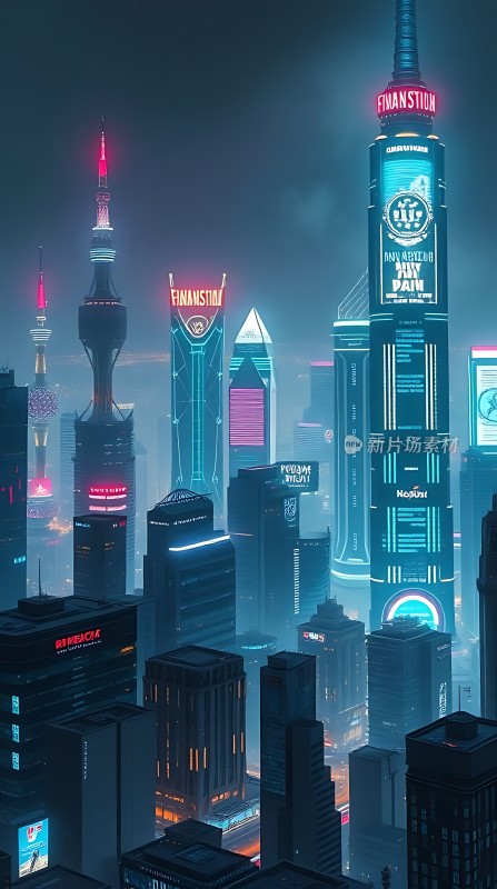 未来都市夜景霓虹闪烁的高楼大厦