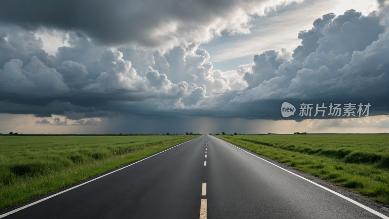 一条漫长的道路天空中一片巨大的暴风雨云