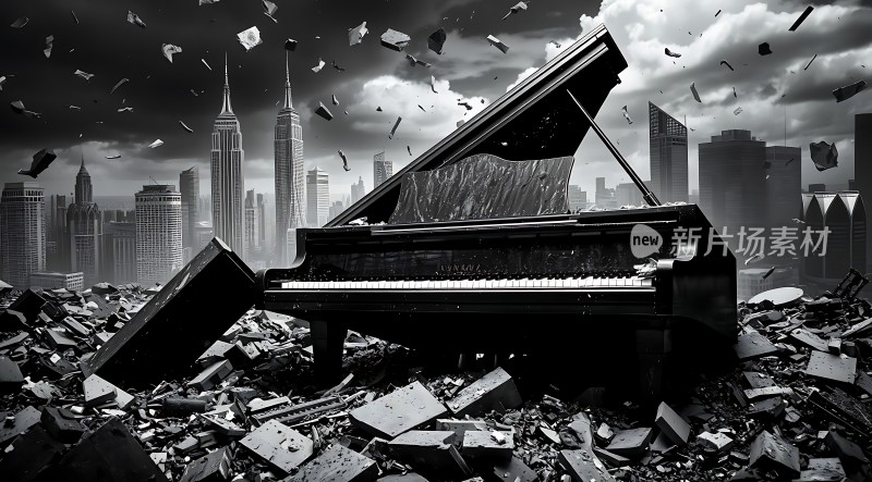 钢琴与废墟的城市风景