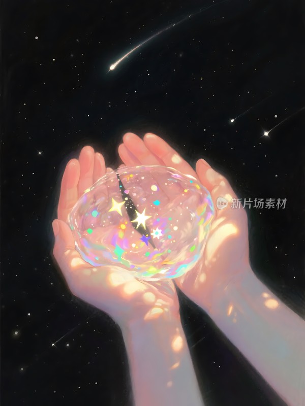 双手托起梦幻星辰璀璨光芒映照夜空