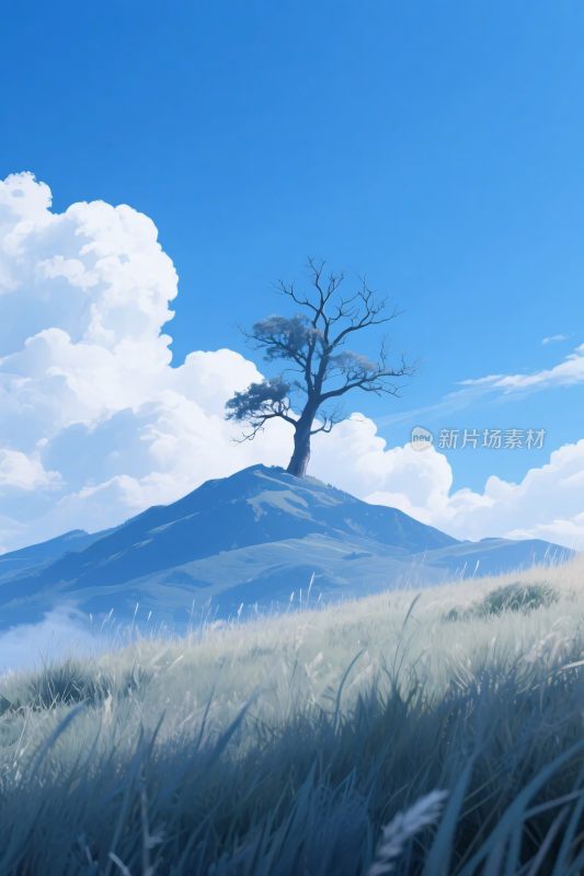 孤树山顶风景插画