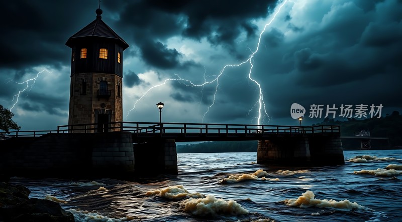 暴风雨中的灯塔与闪电