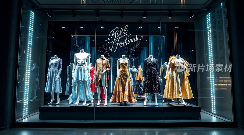 时尚橱窗展示模特身着多彩礼服展现独特魅力
