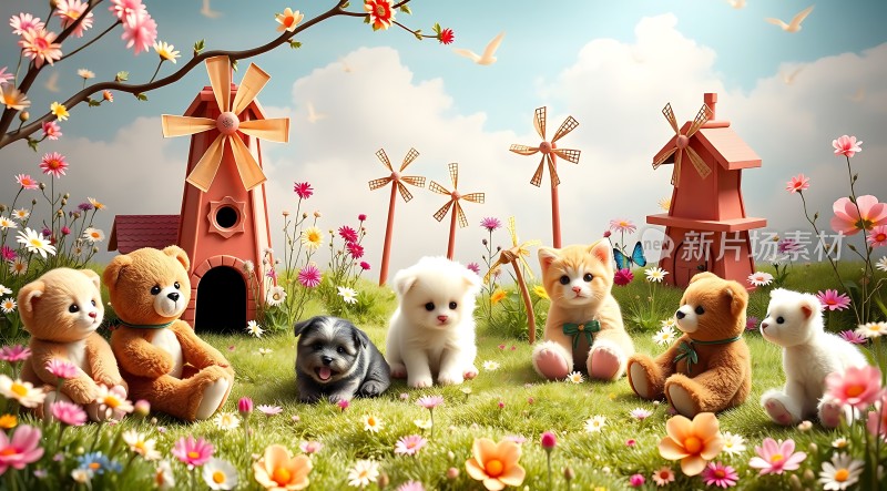 春日萌宠乐园风车草地上的可爱时光