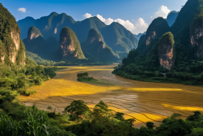 蓝天山谷中山脉和黄草田高清风景风光图片