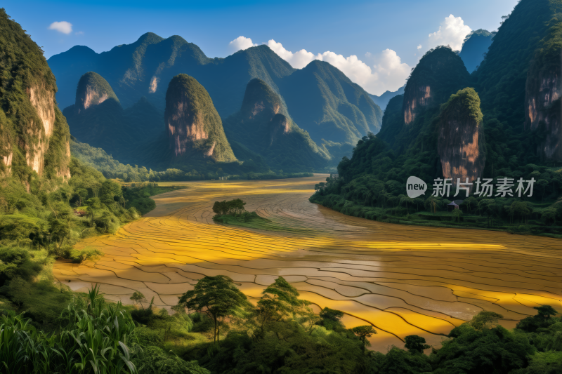 蓝天山谷中山脉和黄草田高清风景风光图片