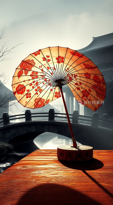 古风油纸伞映斜阳